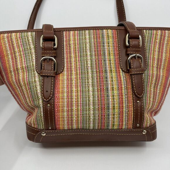 Etienne Aigner Woven Striped Purse Shoulder Bag Brown 10" X‎ 9"X 4" Bag Charm - Picture 7 of 16